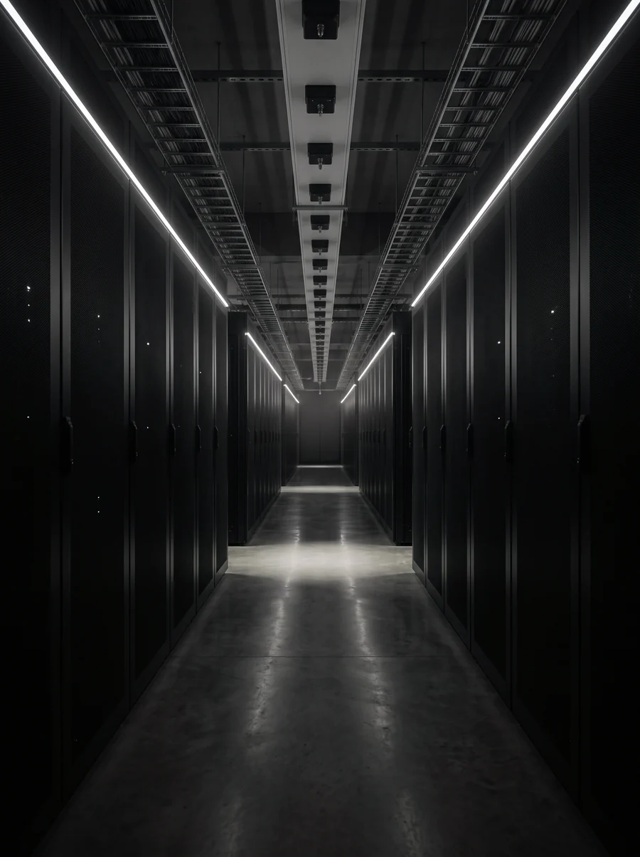 Illustration: a long, dark aisle of server racks in a data center.